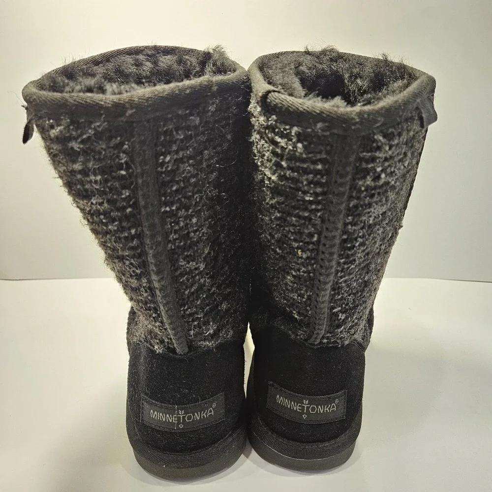 Minnetonka Womens Black Suede Knit Sheepskin Wool Lined‎ Winter Boots Size 8